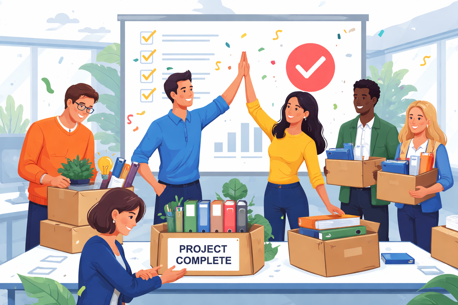 Teamwork celebration in a modern office