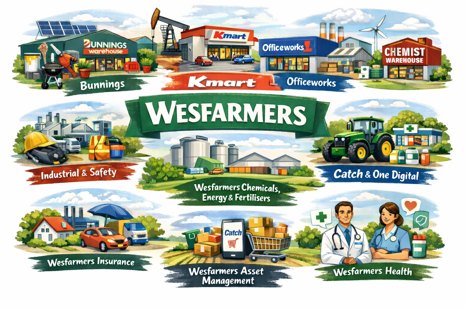 Wesfarmers diverse business landscape illustration