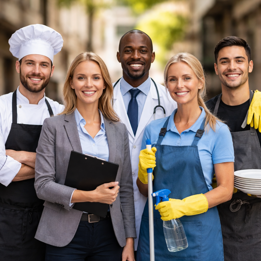 Smiling professionals in uniforms