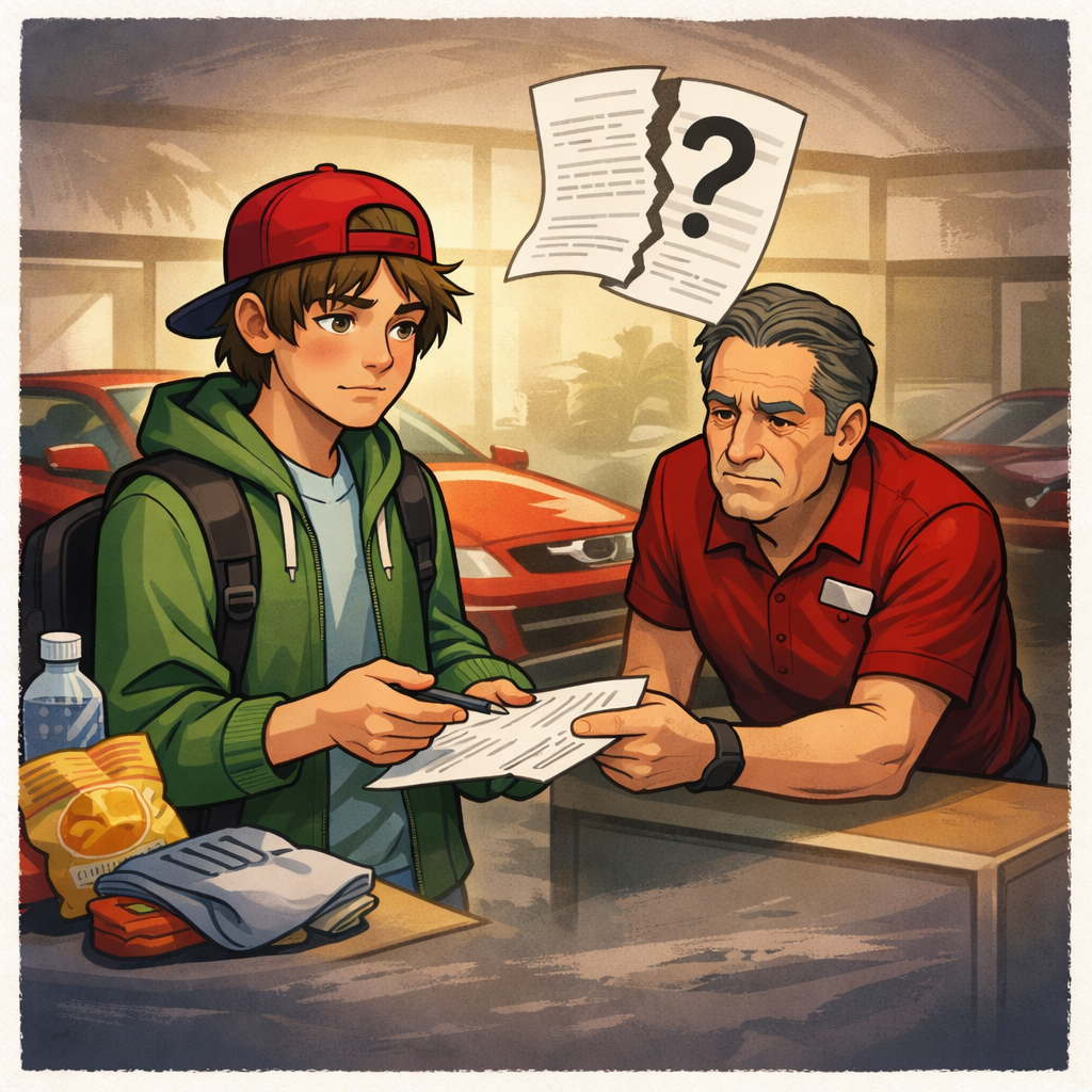 Teenager uncertain at car dealership
