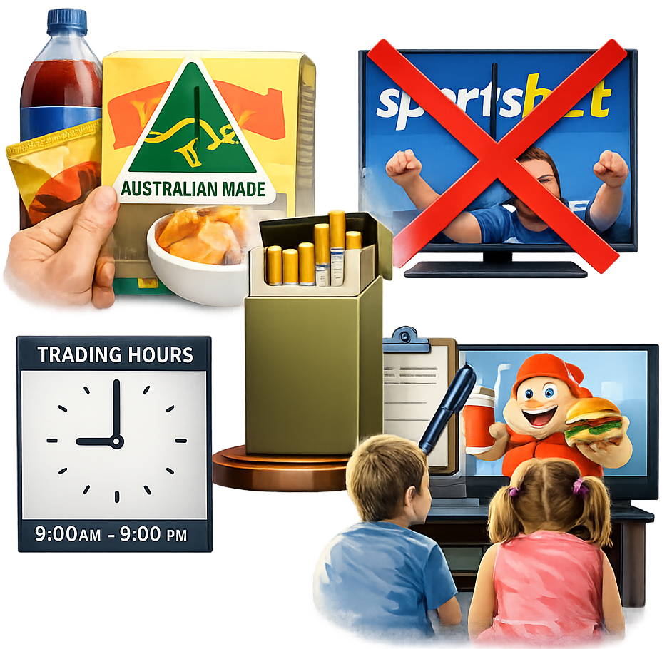 Everyday examples of government policy affecting products, shopping and advertising