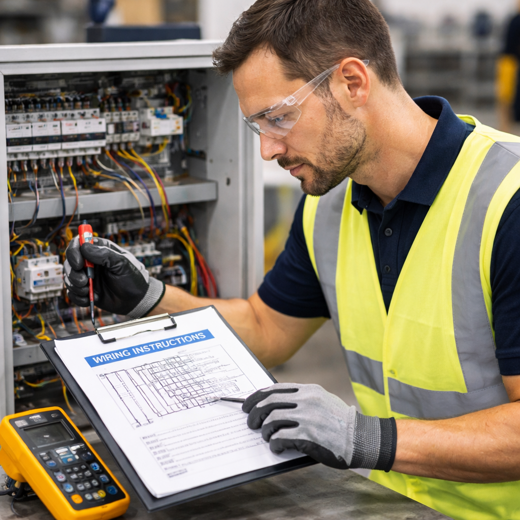 Worker assessing electrical wiring instructions