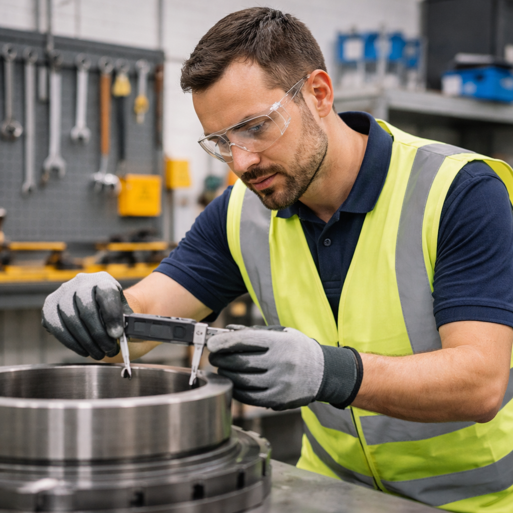 Worker measuring metal component in workshop