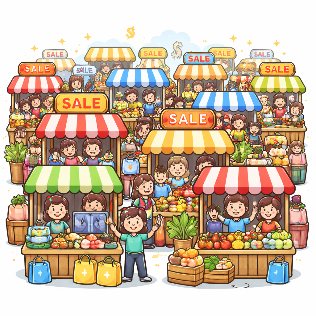 Colourful market with busy vendors