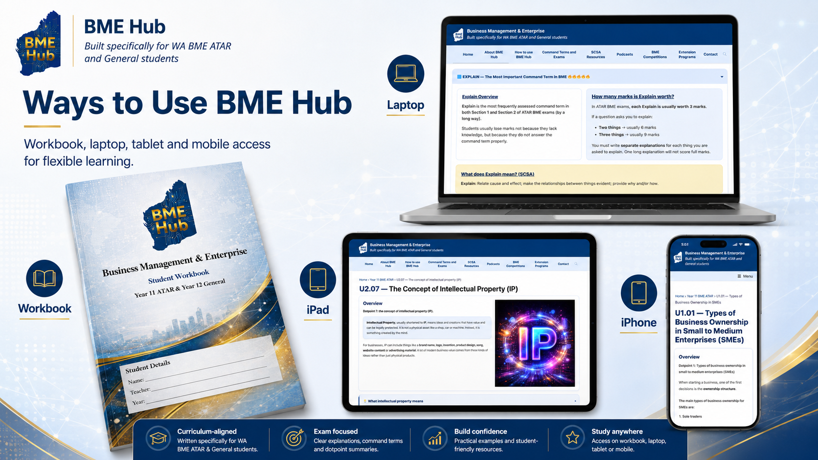 BME Hub shown across workbook, laptop, tablet and phone