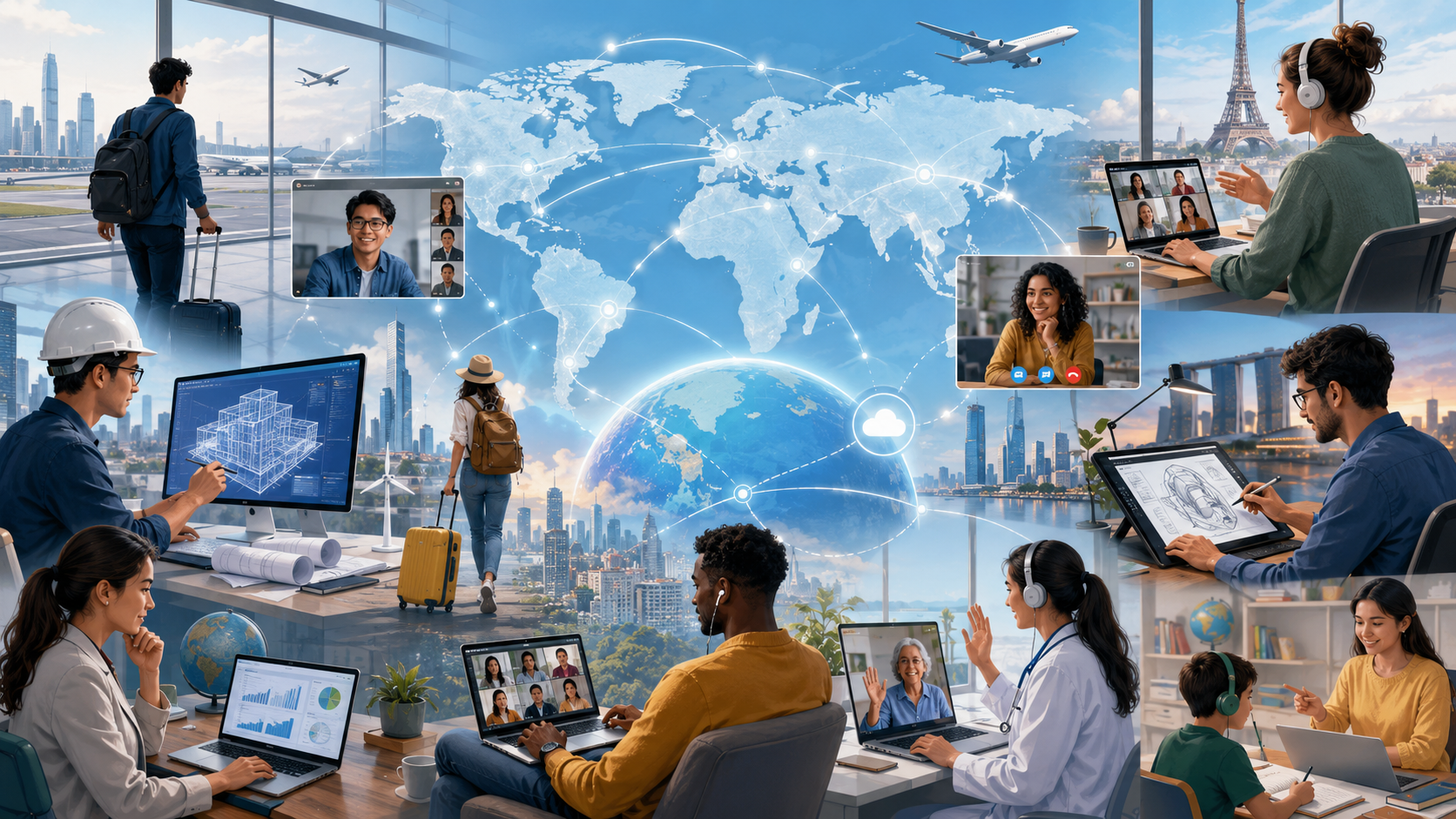 Global spread of skills and technology illustration