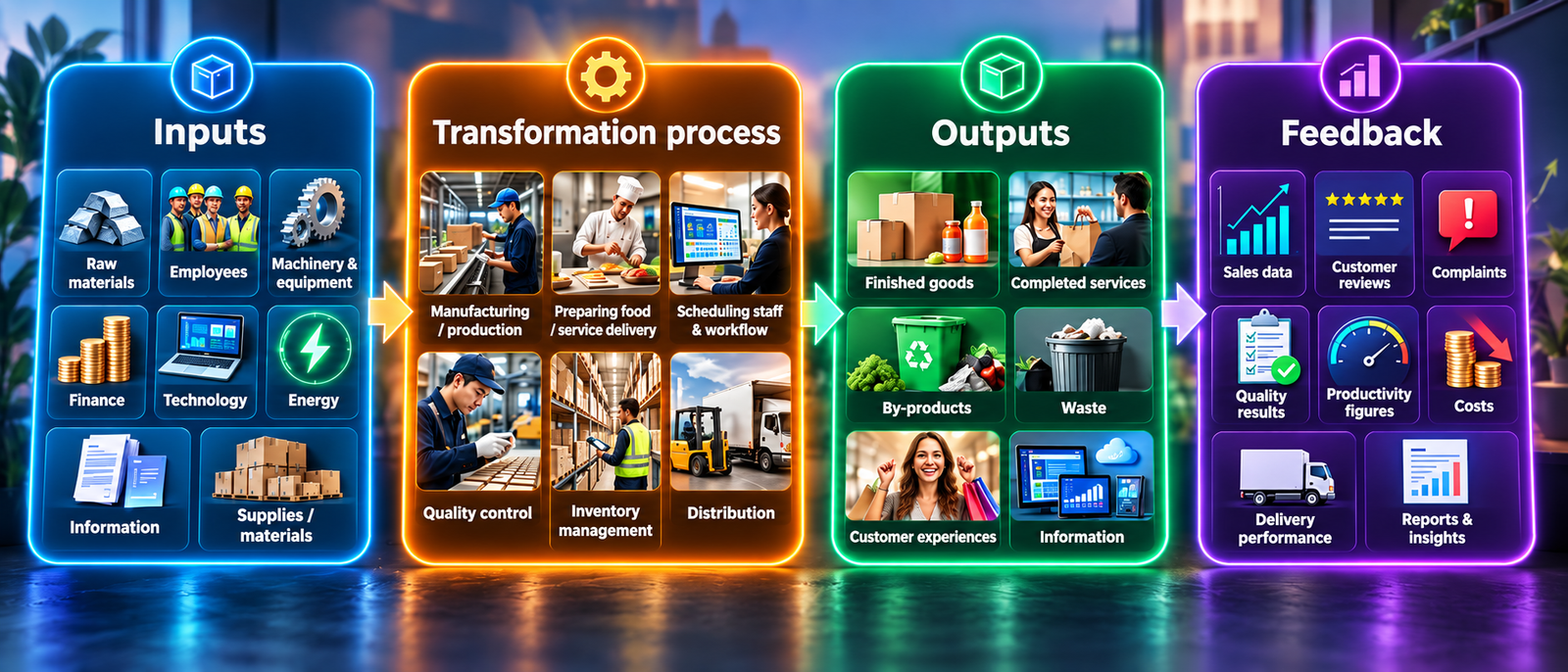 Inputs transformation outputs and feedback production management system image