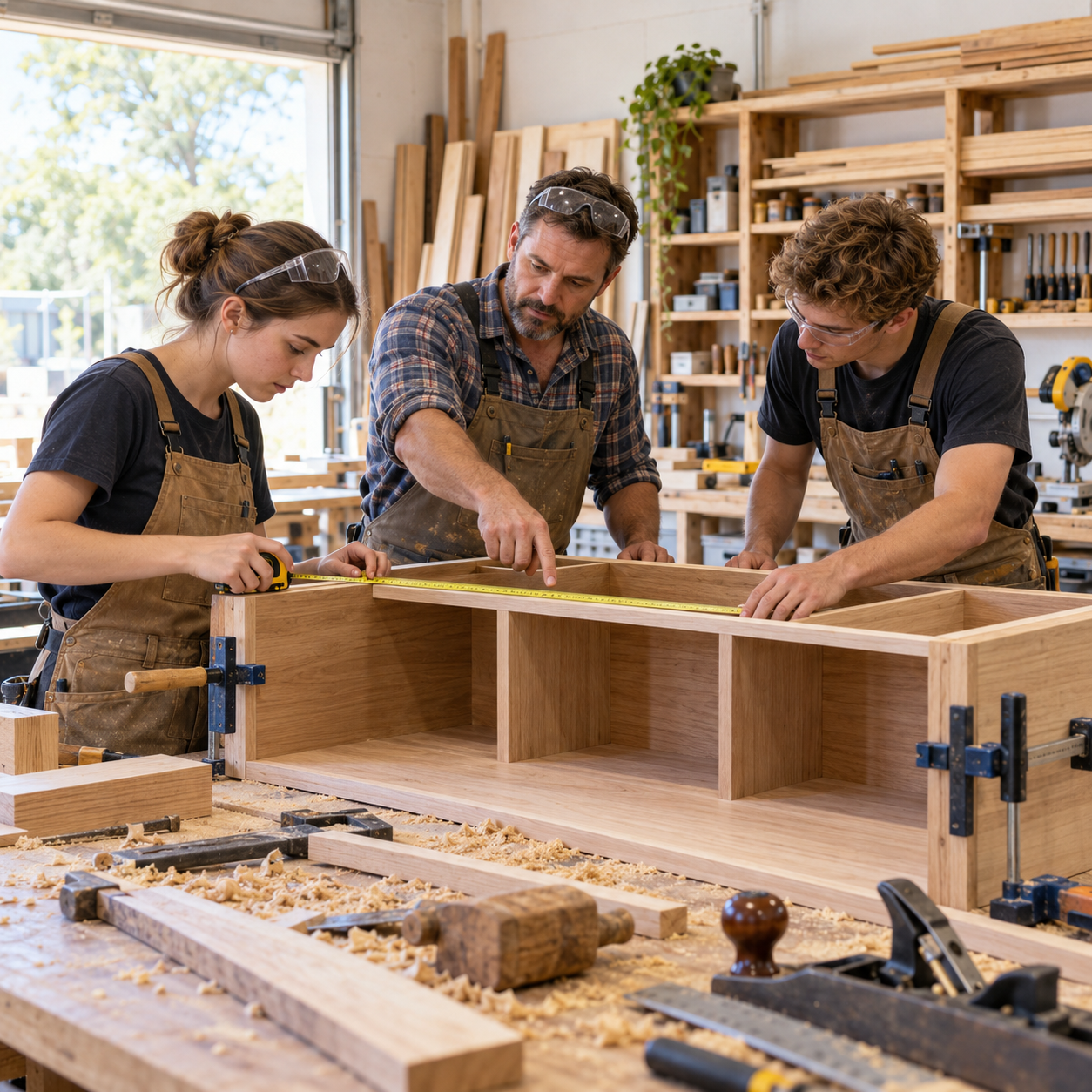 Carpenter mentoring apprentices building a cabinet