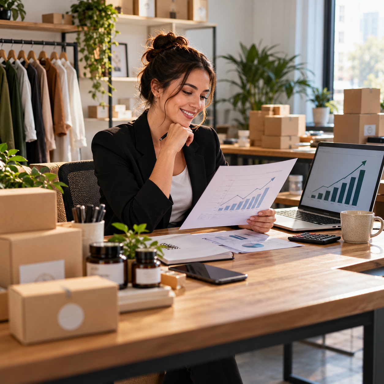 Entrepreneur reviewing growth charts