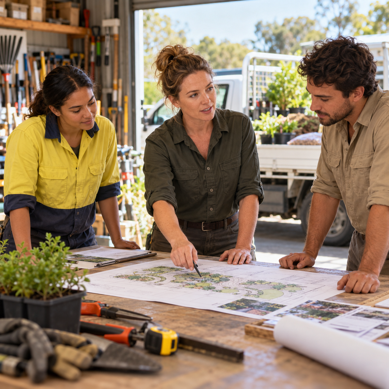Landscaping business team planning together