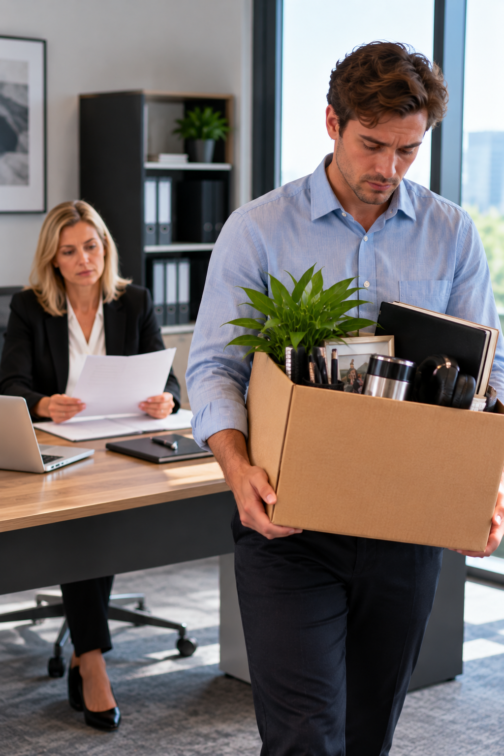 Employee leaving an office with personal belongings