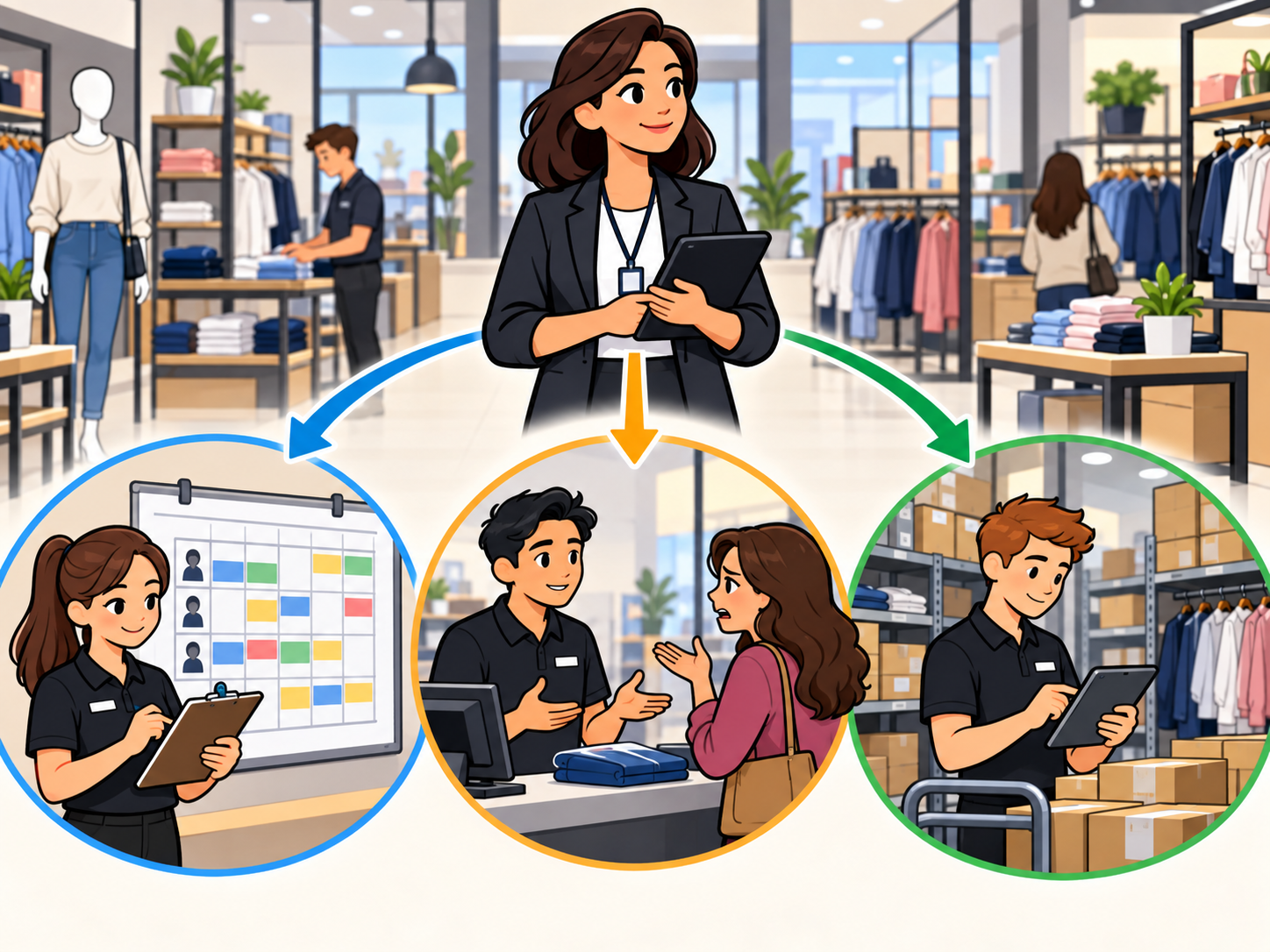 Retail manager delegating store tasks