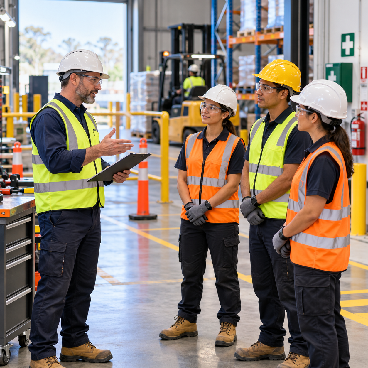 Warehouse safety briefing team